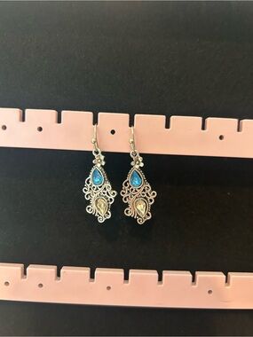 Vintage-Inspired Silver Filigree Drop Earrings with Blue and Champagne Stones